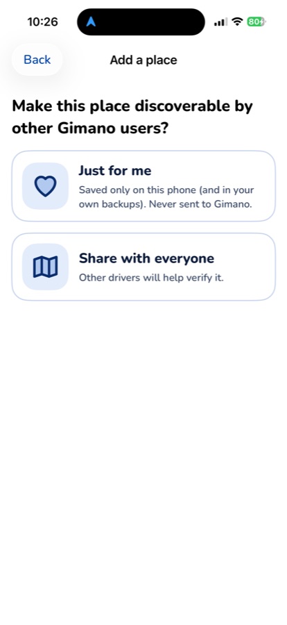 Manotu Add a place screen asking whether the place is Just for me, saved only on this phone, or Share with everyone