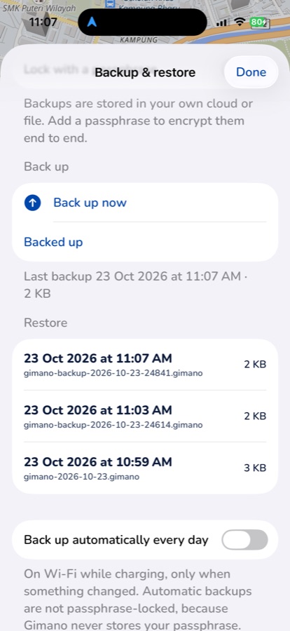 Manotu Backup and restore screen: Back up now, last backup time, and a list of backups in your own Drive to restore from