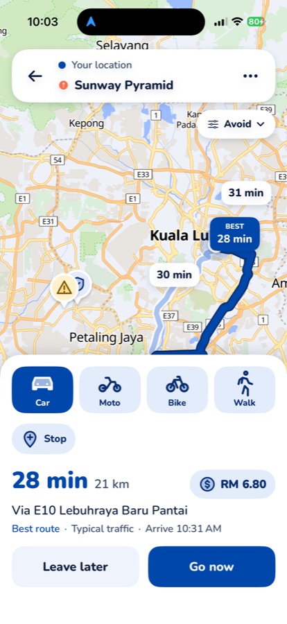 Manotu route preview: three route options with the best at 28 minutes, car, moto, bike and walk tabs, toll estimate RM 6.80 and Go now button