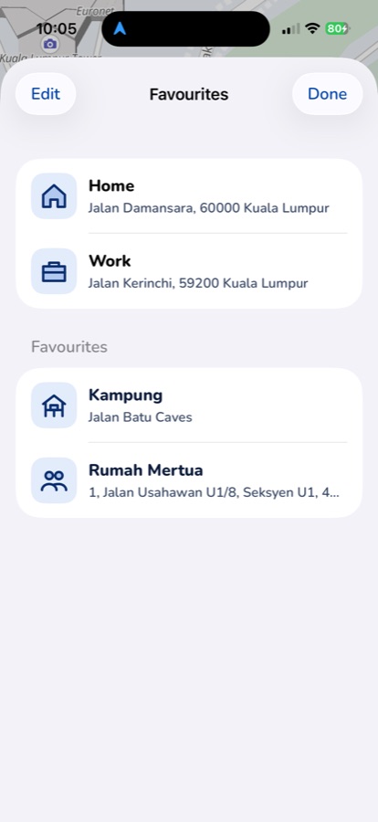 Manotu Favourites screen: Home and Work, plus favourites labelled Kampung and Rumah Mertua, each with its own icon