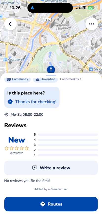 Manotu place card for a community-added place: Is this place here? confirmed, opening hours, and a Reviews section with Write a review