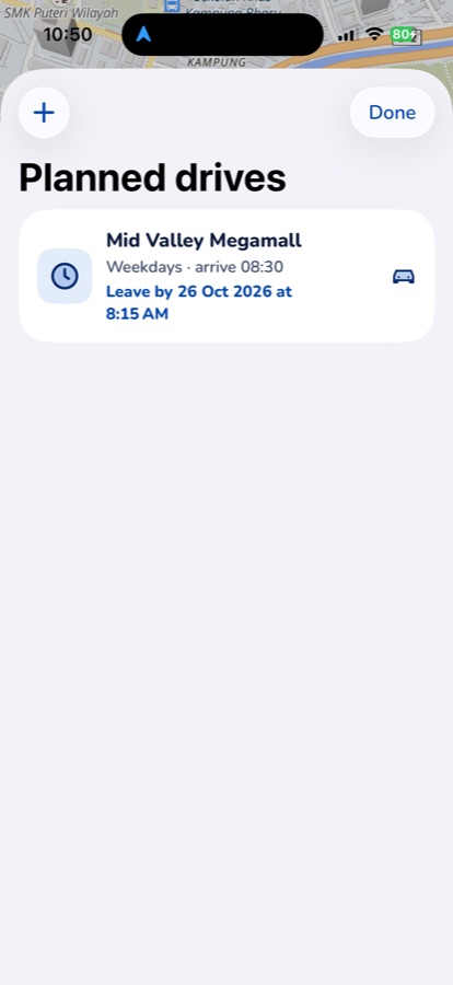 Manotu Planned drives screen: a weekday drive to Mid Valley Megamall arriving 08:30, with a leave-by time