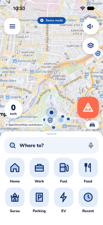 Manotu home screen in the default light theme: map, Where to? search and big icon shortcuts for Home, Work, Fuel, Food, Surau, Parking, EV and Recent